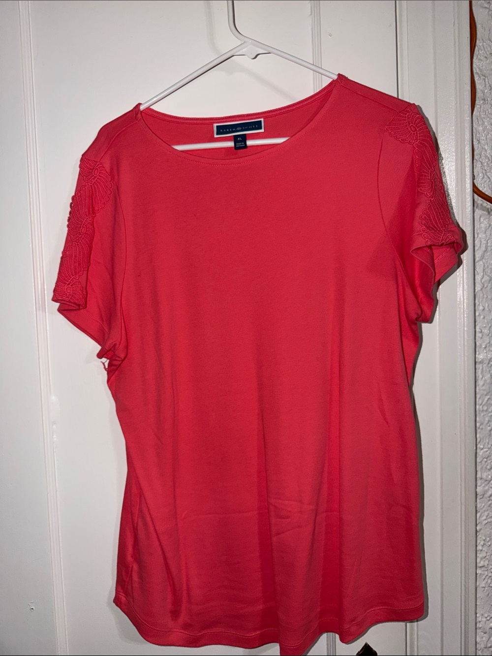 Karen Scott Coral Short Sleeve Tee with Lace-Detail Sleeves